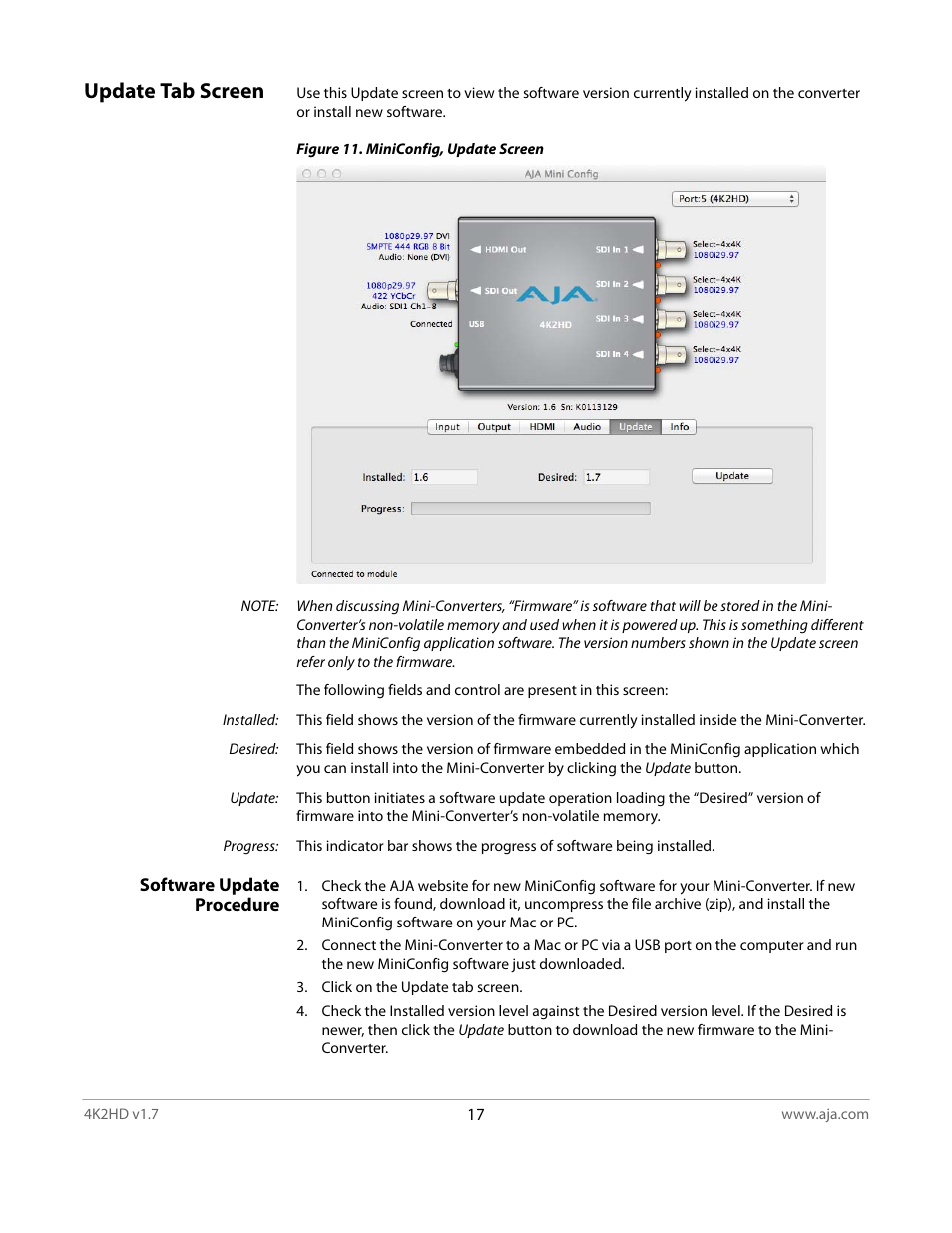 Update tab screen, Software update procedure | AJA 4K2HD User Manual | Page 17 / 32