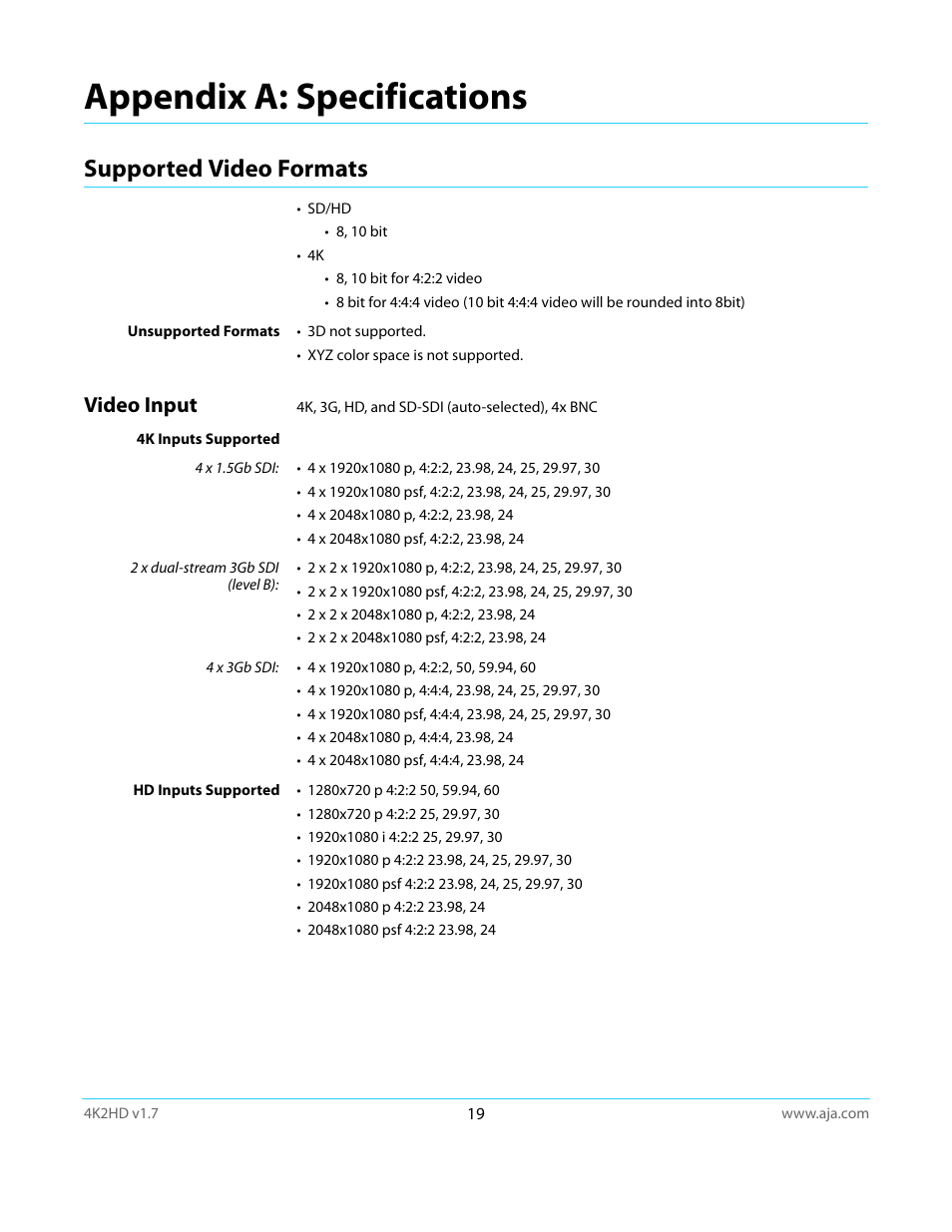 Appendix a: specifications, Supported video formats, Video input | Appendix a: specifications on | AJA 4K2HD User Manual | Page 19 / 32