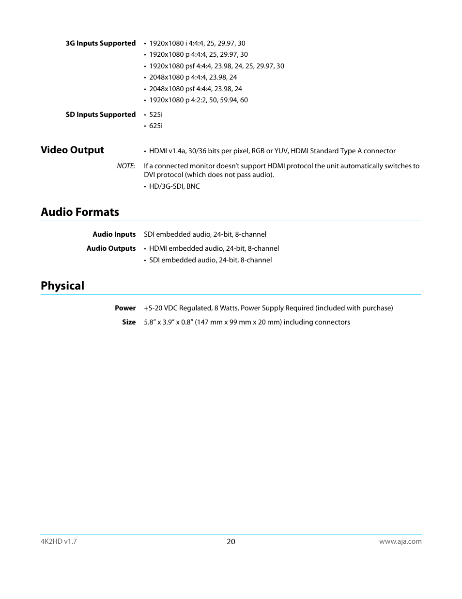 Video output, Audio formats, Physical | Audio formats physical | AJA 4K2HD User Manual | Page 20 / 32