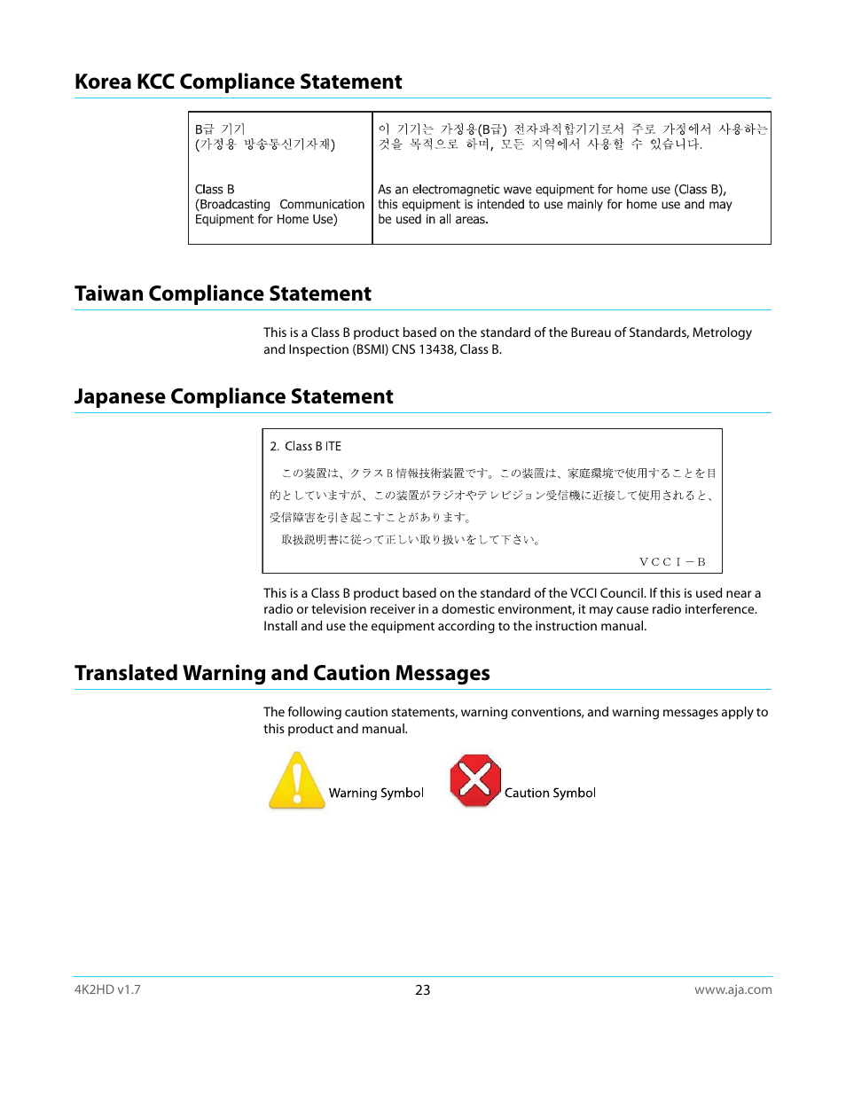 Korea kcc compliance statement, Taiwan compliance statement, Japanese compliance statement | Translated warning and caution messages | AJA 4K2HD User Manual | Page 23 / 32