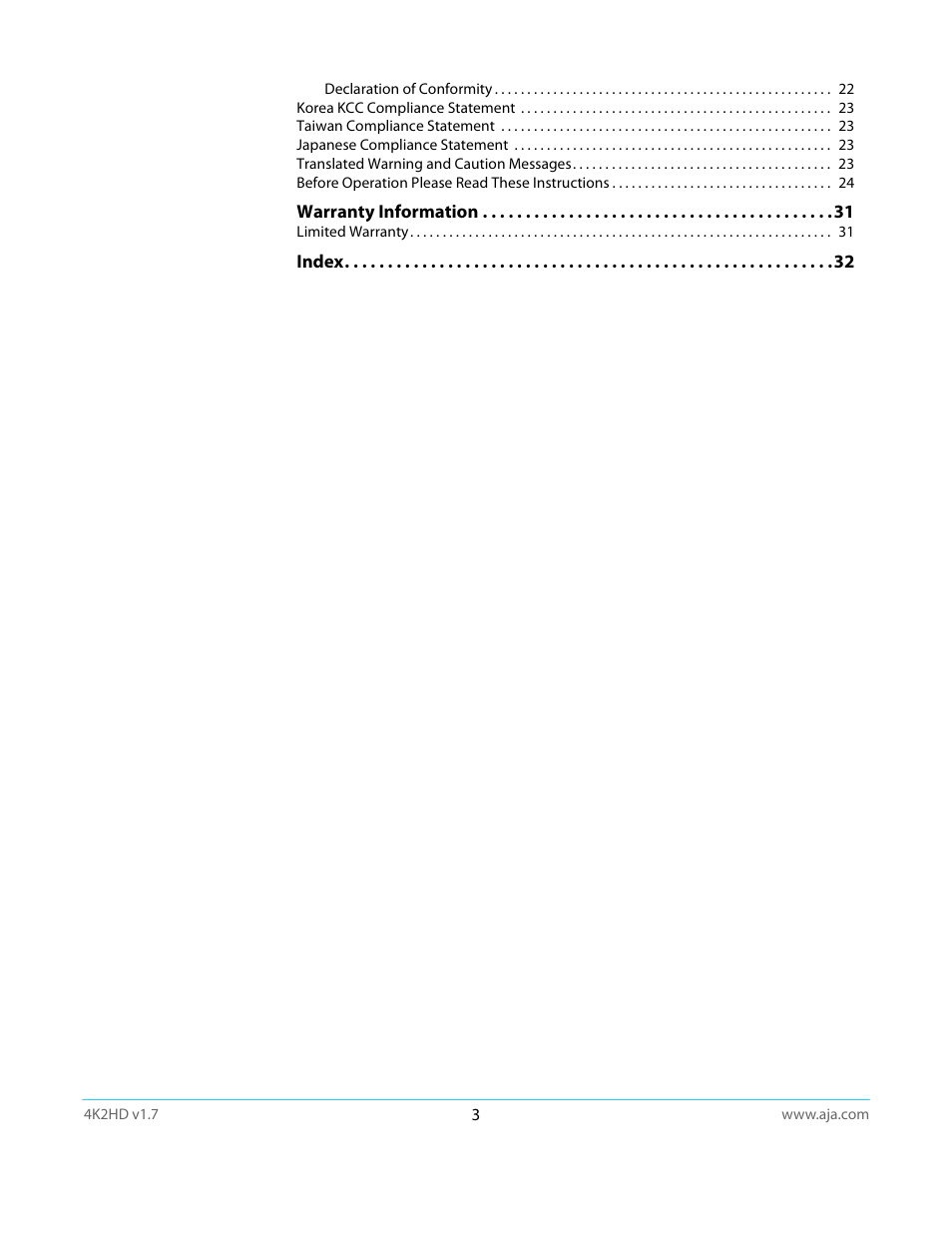 AJA 4K2HD User Manual | Page 3 / 32