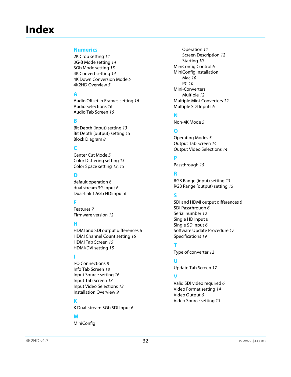 Index | AJA 4K2HD User Manual | Page 32 / 32