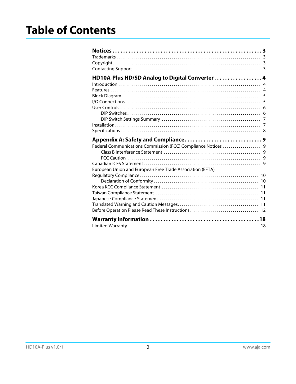 AJA HD10A-Plus User Manual | Page 2 / 18