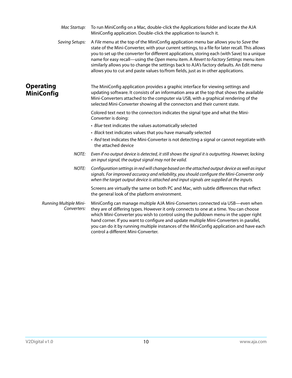 Operating miniconfig | AJA V2Digital User Manual | Page 10 / 26