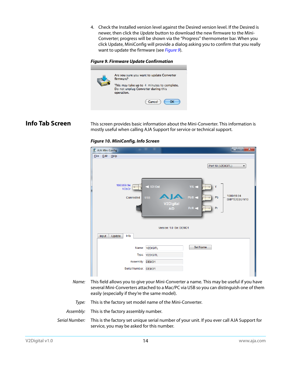 Info tab screen | AJA V2Digital User Manual | Page 14 / 26