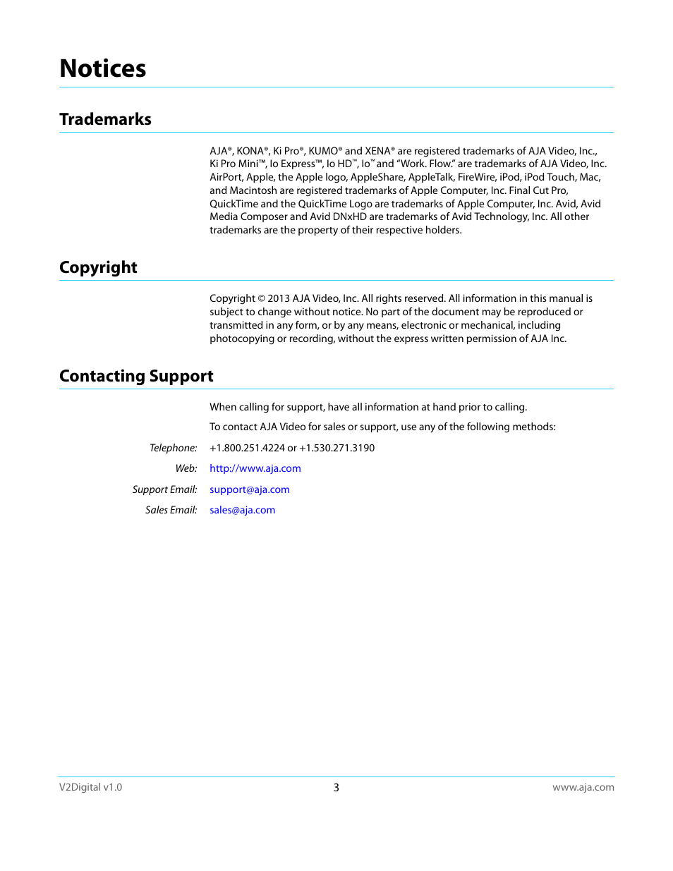 Notices, Trademarks, Copyright | Contacting support, Trademarks copyright contacting support | AJA V2Digital User Manual | Page 3 / 26