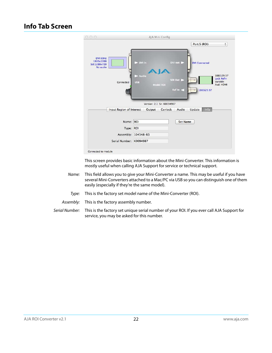 Info tab screen | AJA ROI User Manual | Page 22 / 36