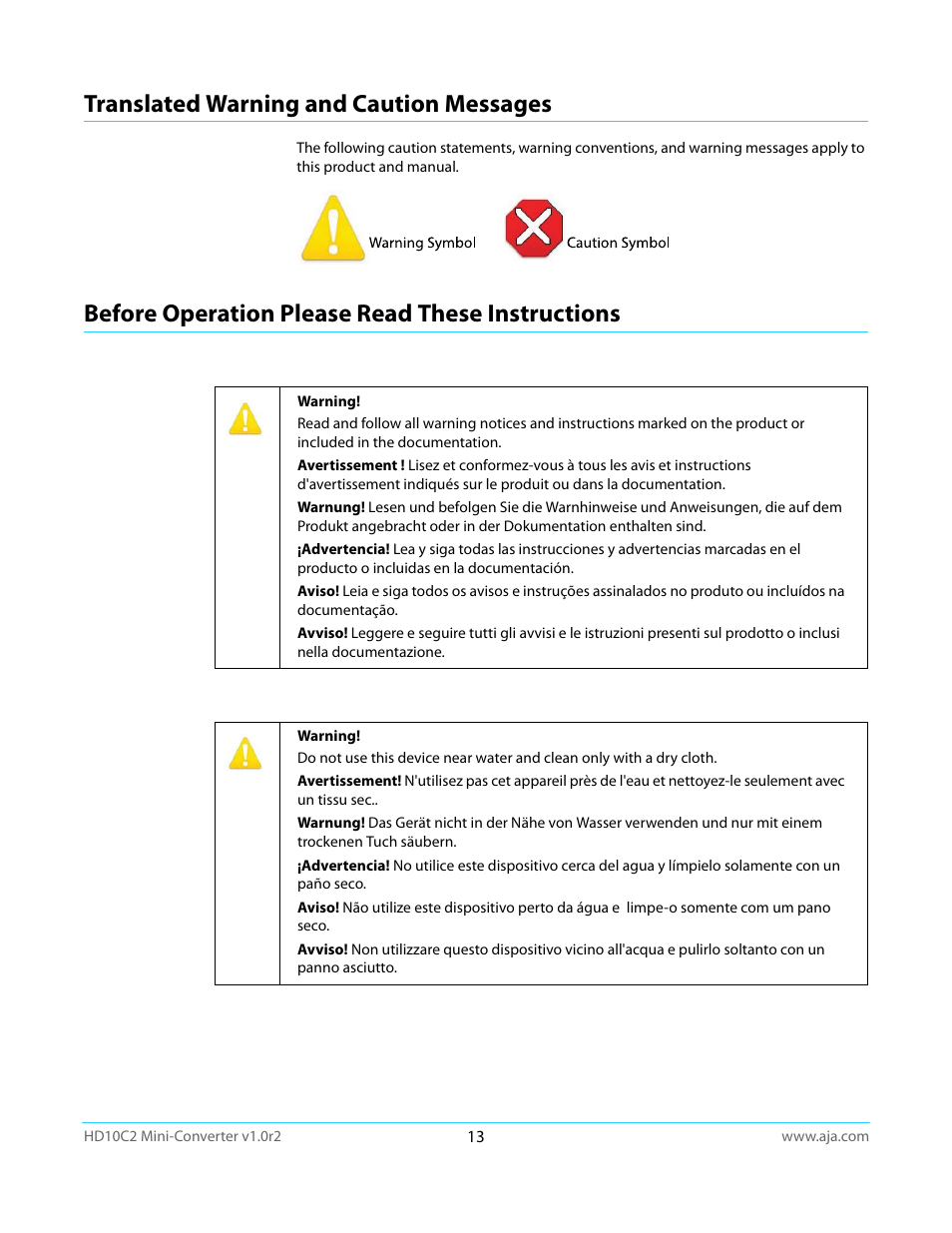 Translated warning and caution messages, Before operation please read these instructions | AJA HD10C2 User Manual | Page 13 / 20