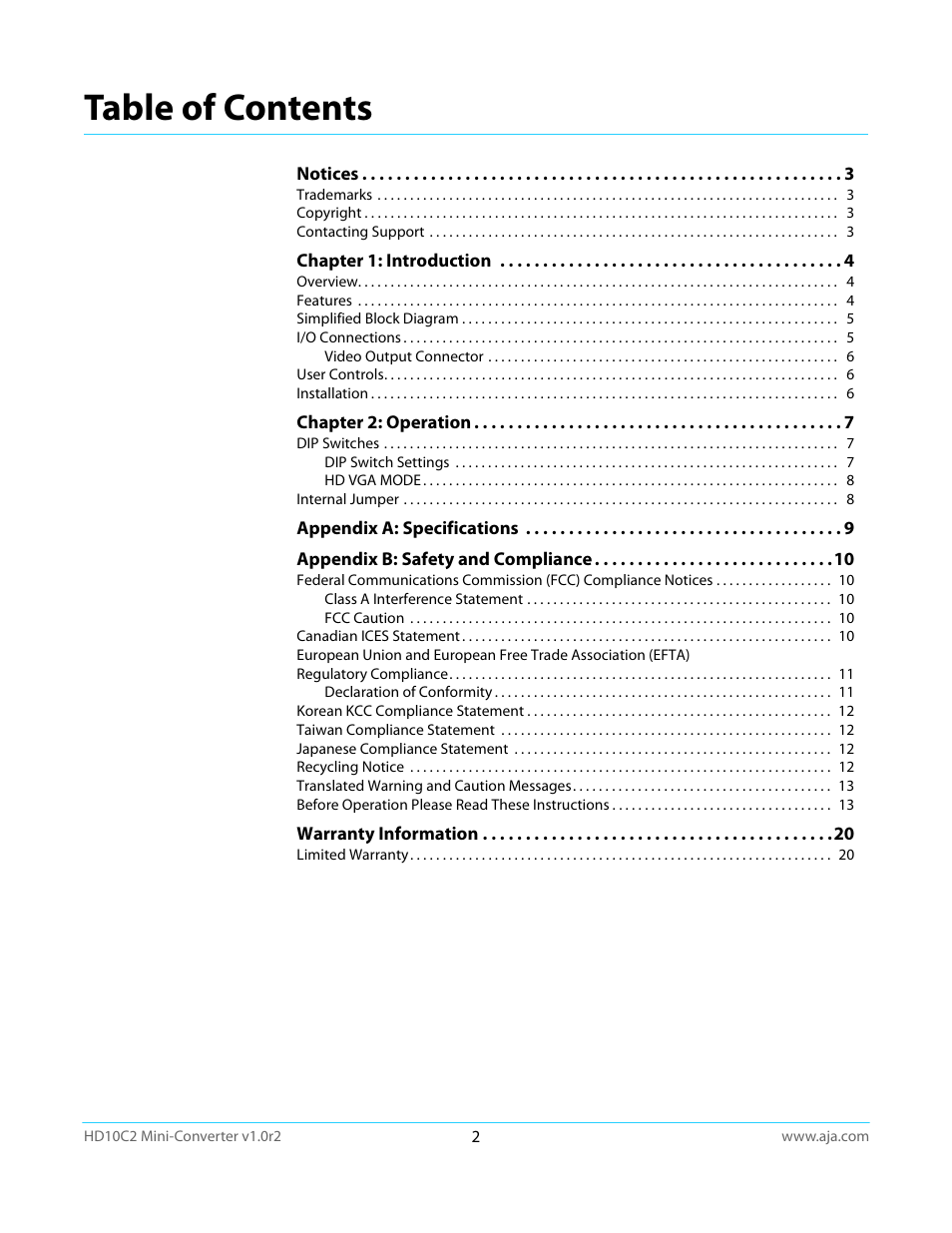 AJA HD10C2 User Manual | Page 2 / 20
