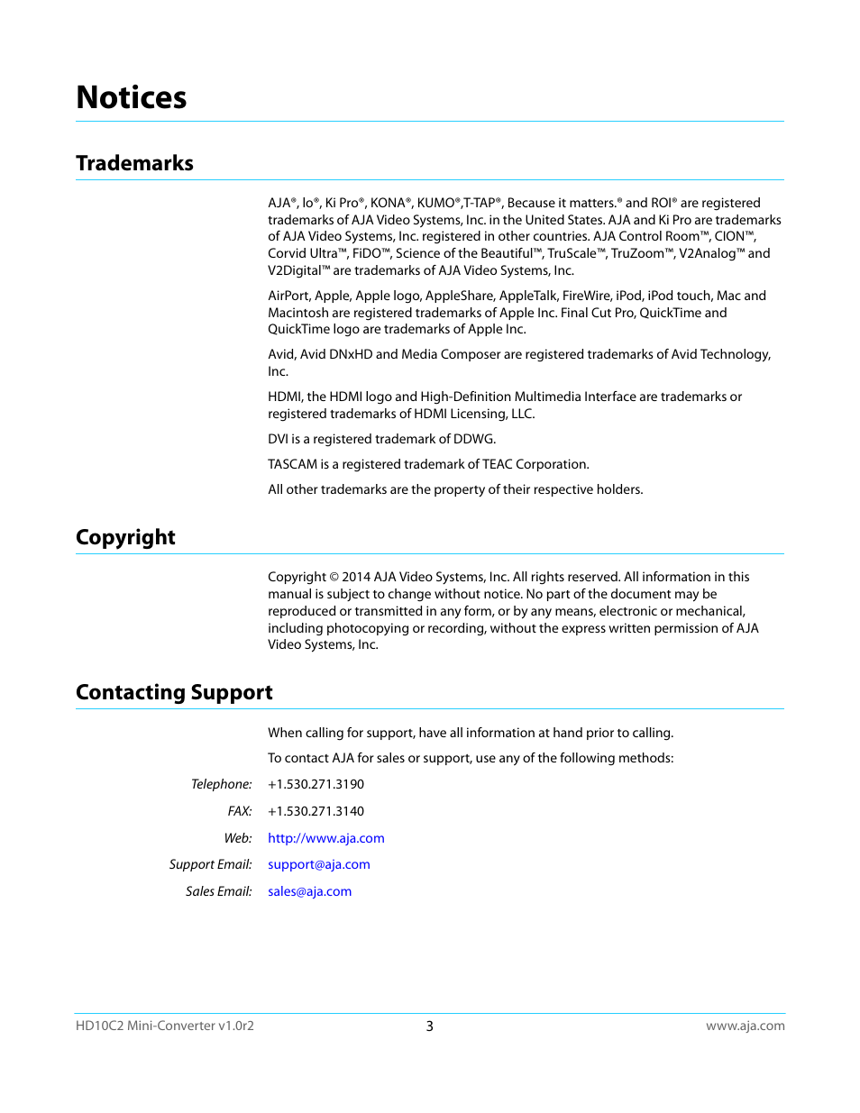Notices, Trademarks, Copyright | Contacting support, Trademarks copyright contacting support | AJA HD10C2 User Manual | Page 3 / 20