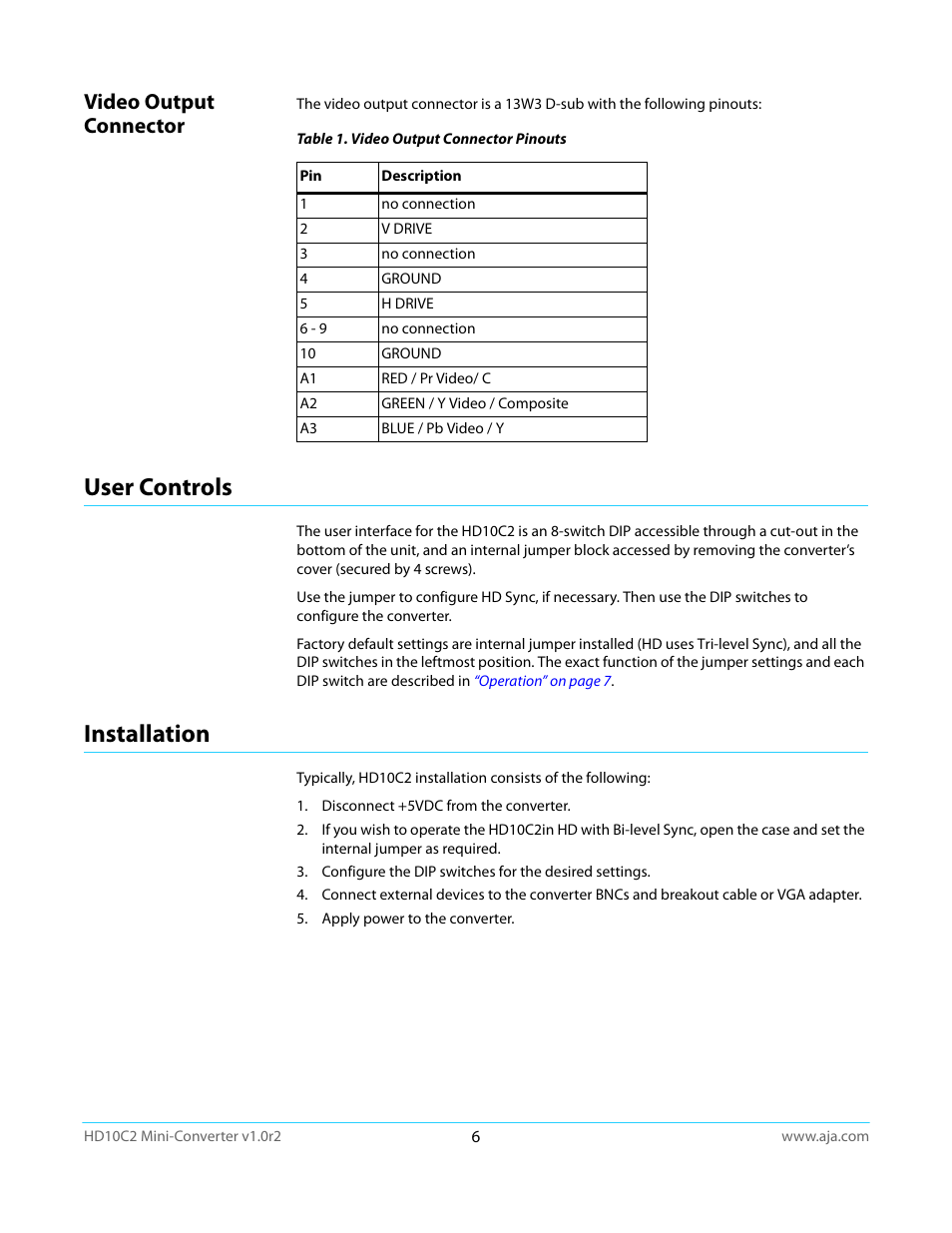 Video output connector, User controls, Installation | User controls installation | AJA HD10C2 User Manual | Page 6 / 20