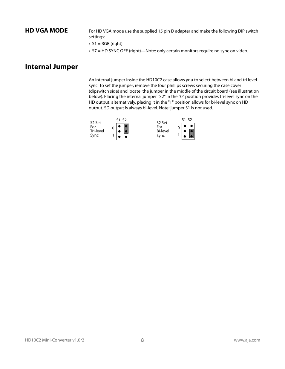 Hd vga mode, Internal jumper | AJA HD10C2 User Manual | Page 8 / 20