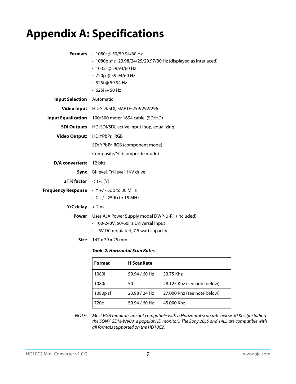 Appendix a: specifications | AJA HD10C2 User Manual | Page 9 / 20