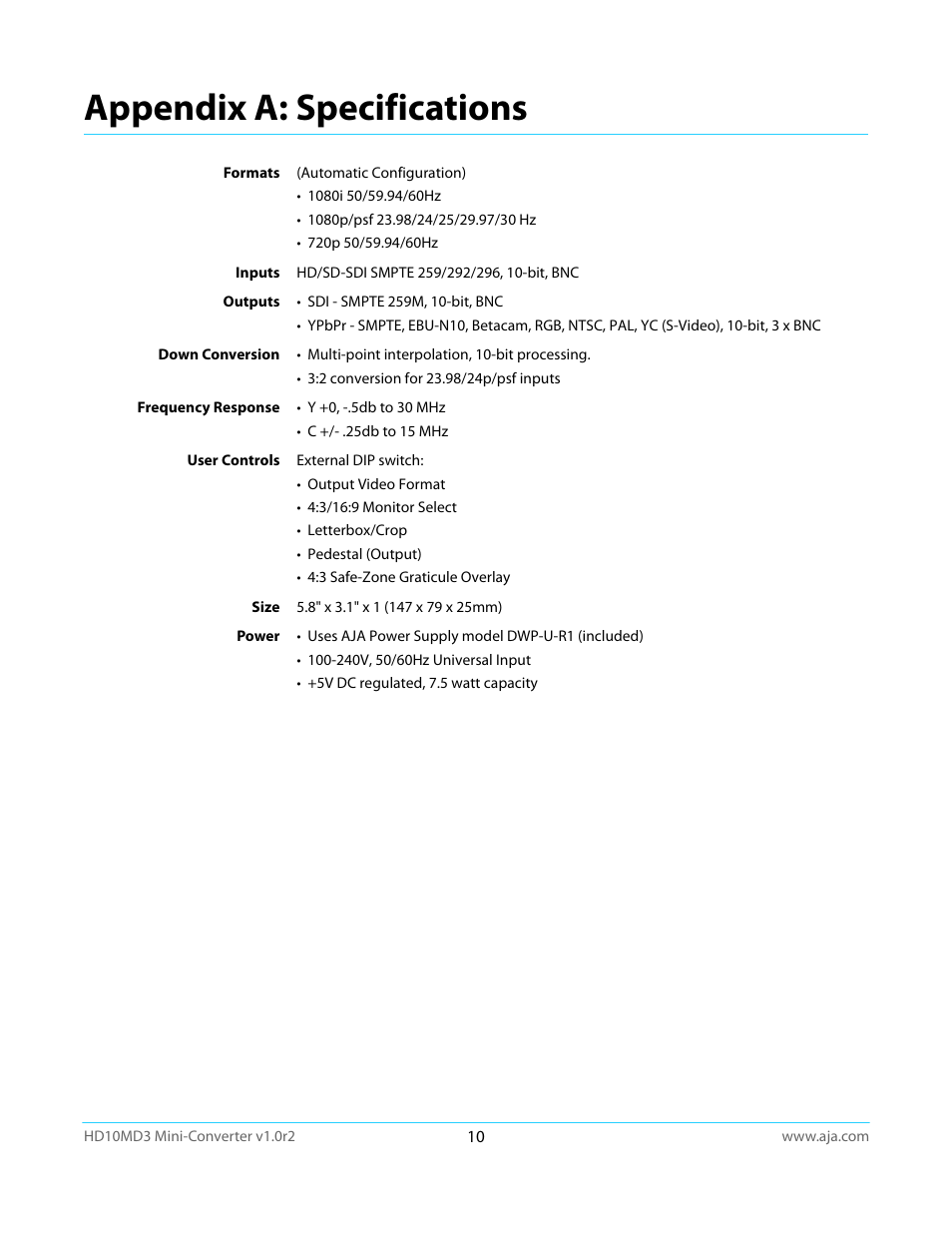 Appendix a: specifications | AJA HD10MD3 User Manual | Page 10 / 21