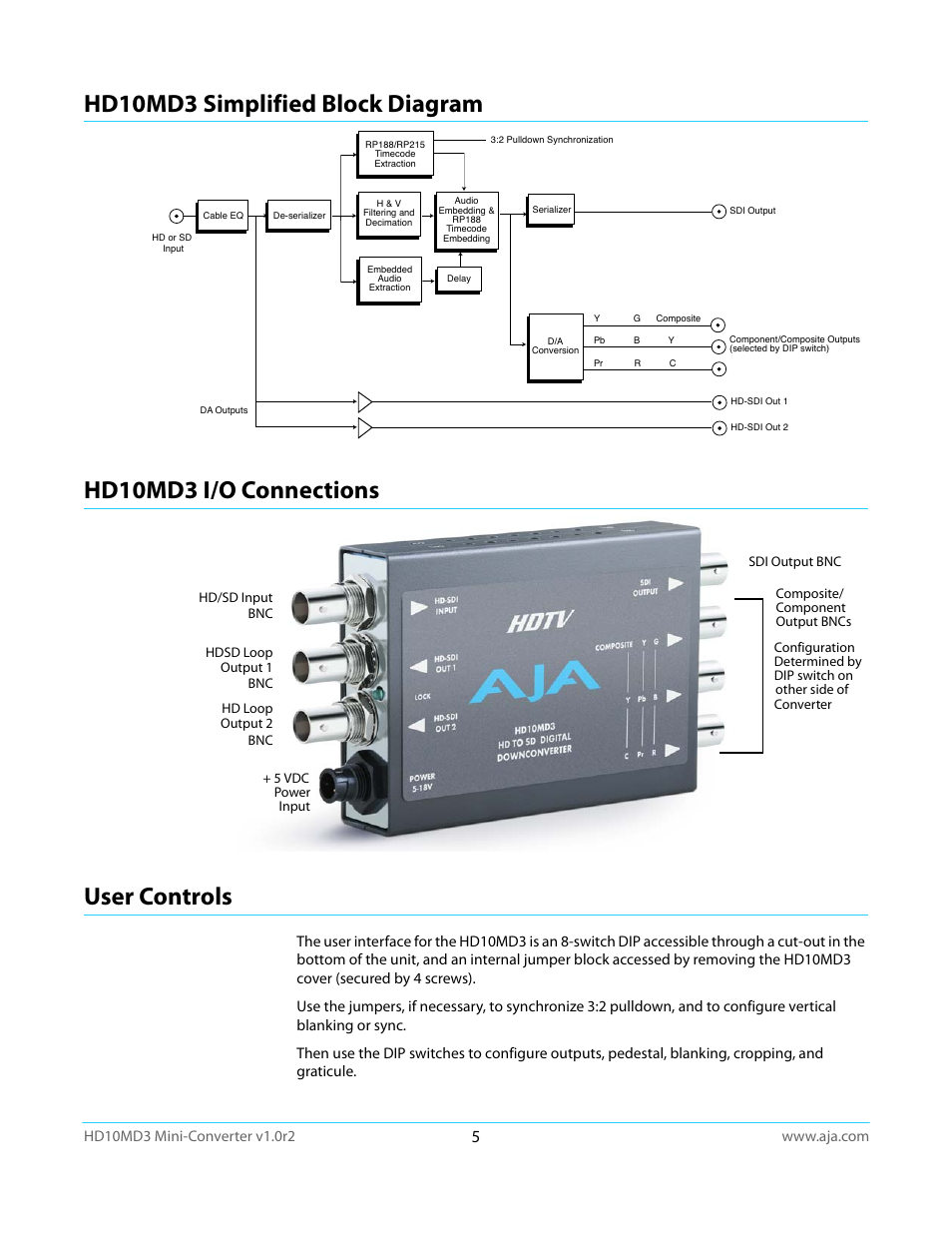 Hd10md3 simplified block diagram, Hd10md3 i/o connections, User controls | AJA HD10MD3 User Manual | Page 5 / 21