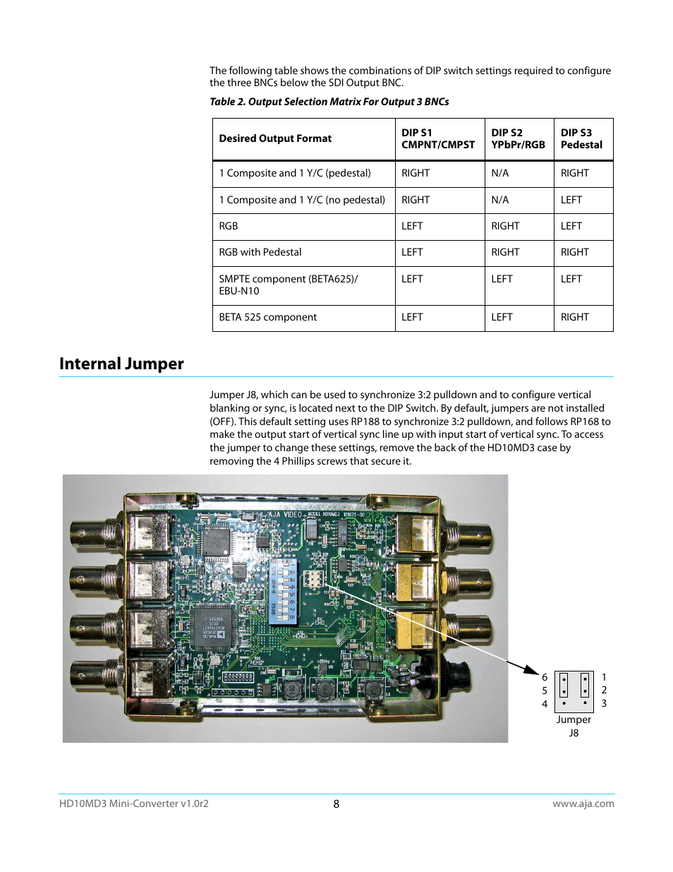 Internal jumper | AJA HD10MD3 User Manual | Page 8 / 21