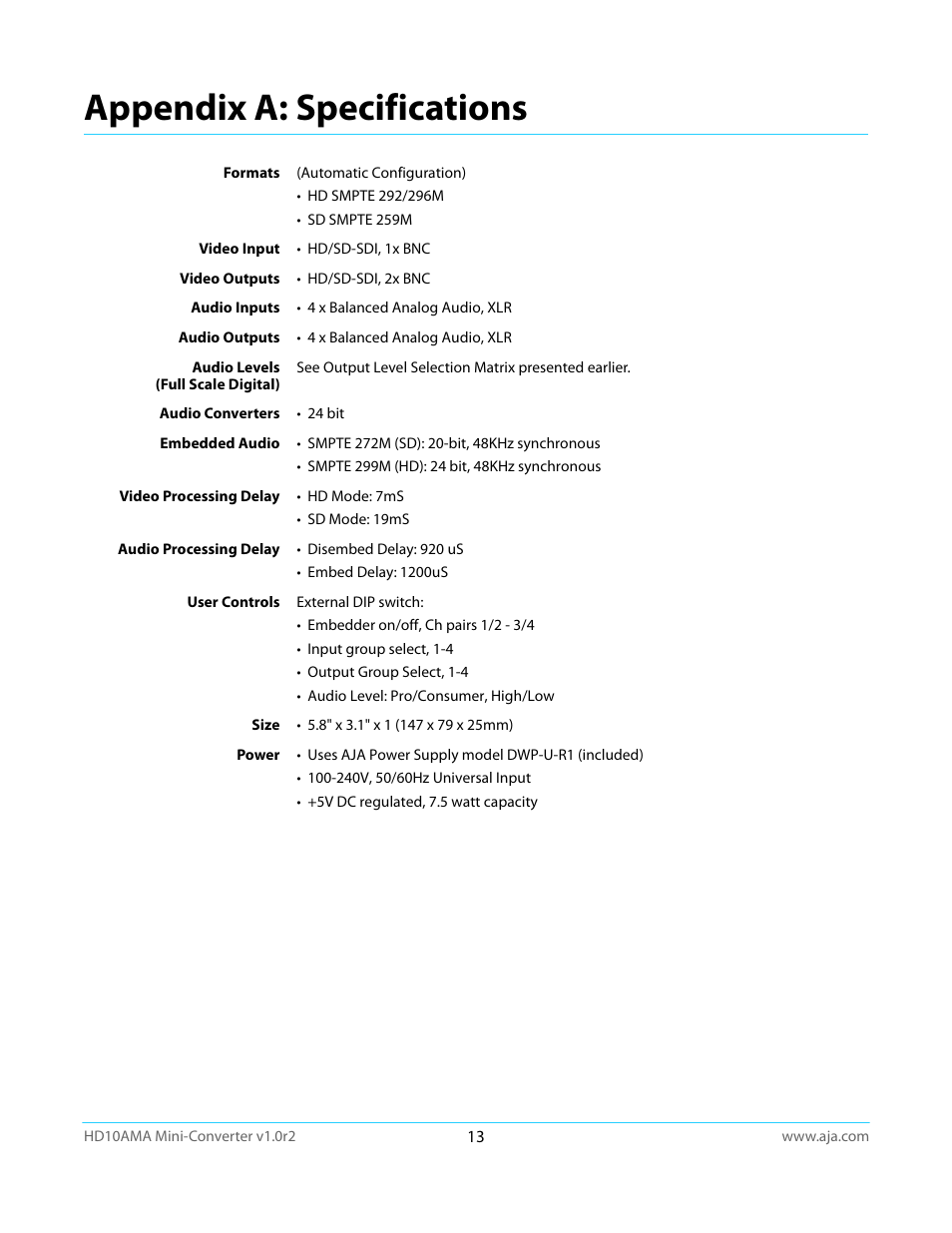 Appendix a: specifications | AJA HD10AMA User Manual | Page 13 / 24