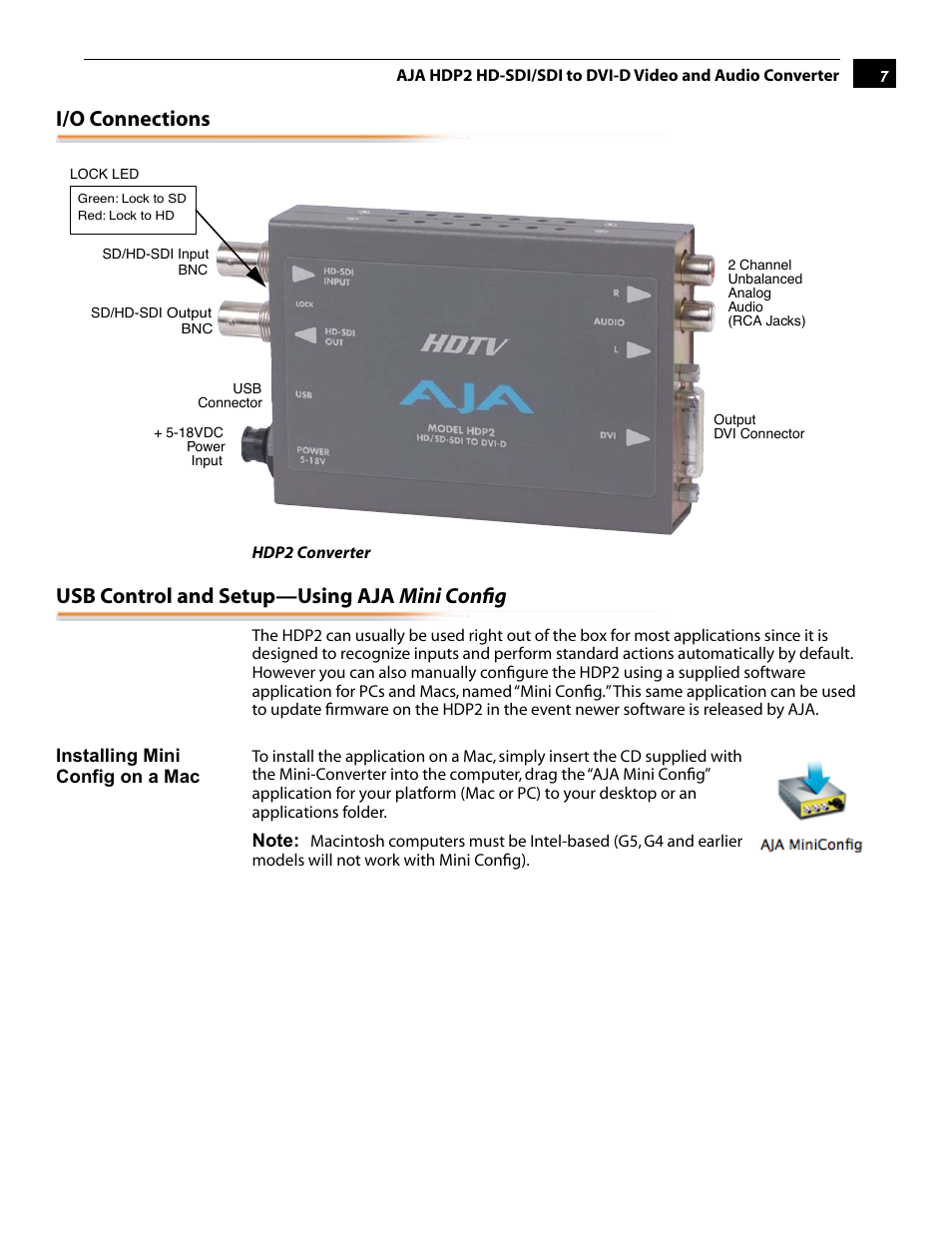 I/o connections, Usb control and setup—using aja mini config | AJA HDP2 User Manual | Page 7 / 20