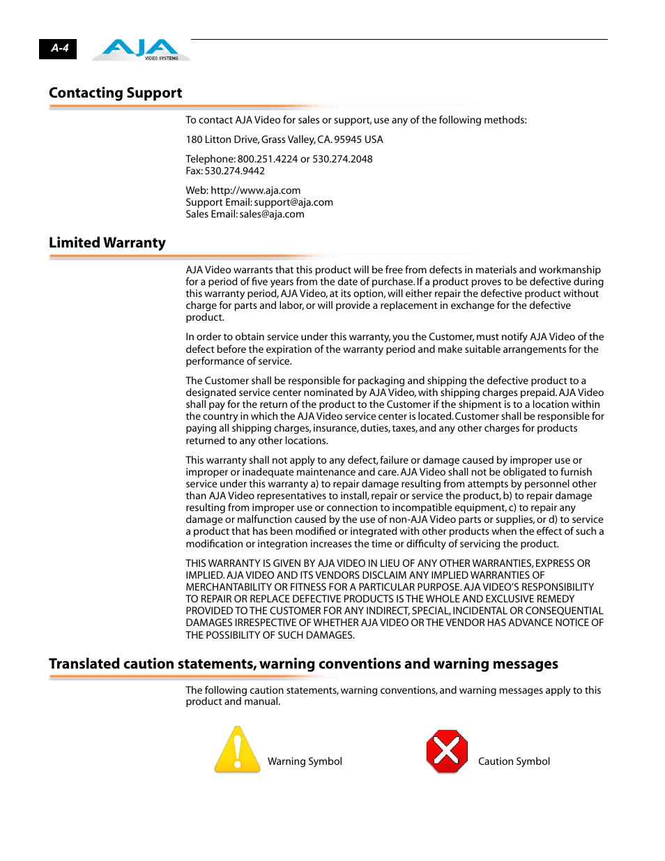 Contacting support, Limited warranty | AJA FiDO User Manual | Page 12 / 18