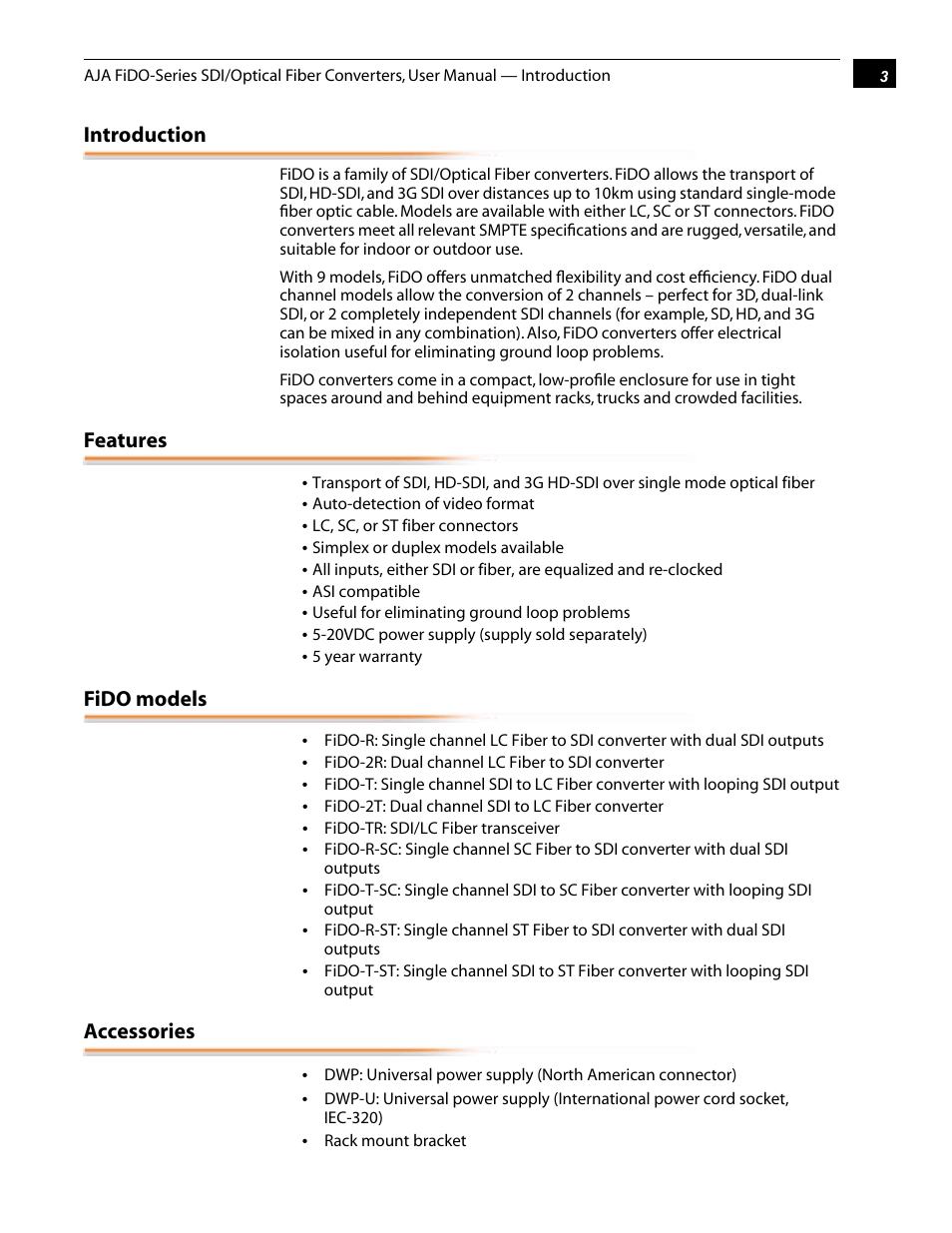 Introduction, Features, Fido models | Accessories | AJA FiDO User Manual | Page 3 / 18