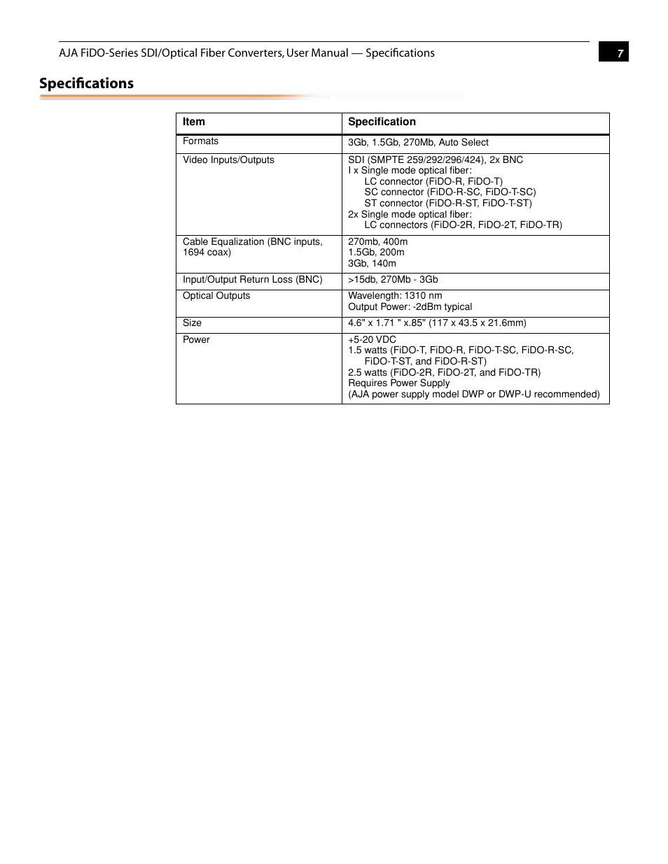 Specifications | AJA FiDO User Manual | Page 7 / 18