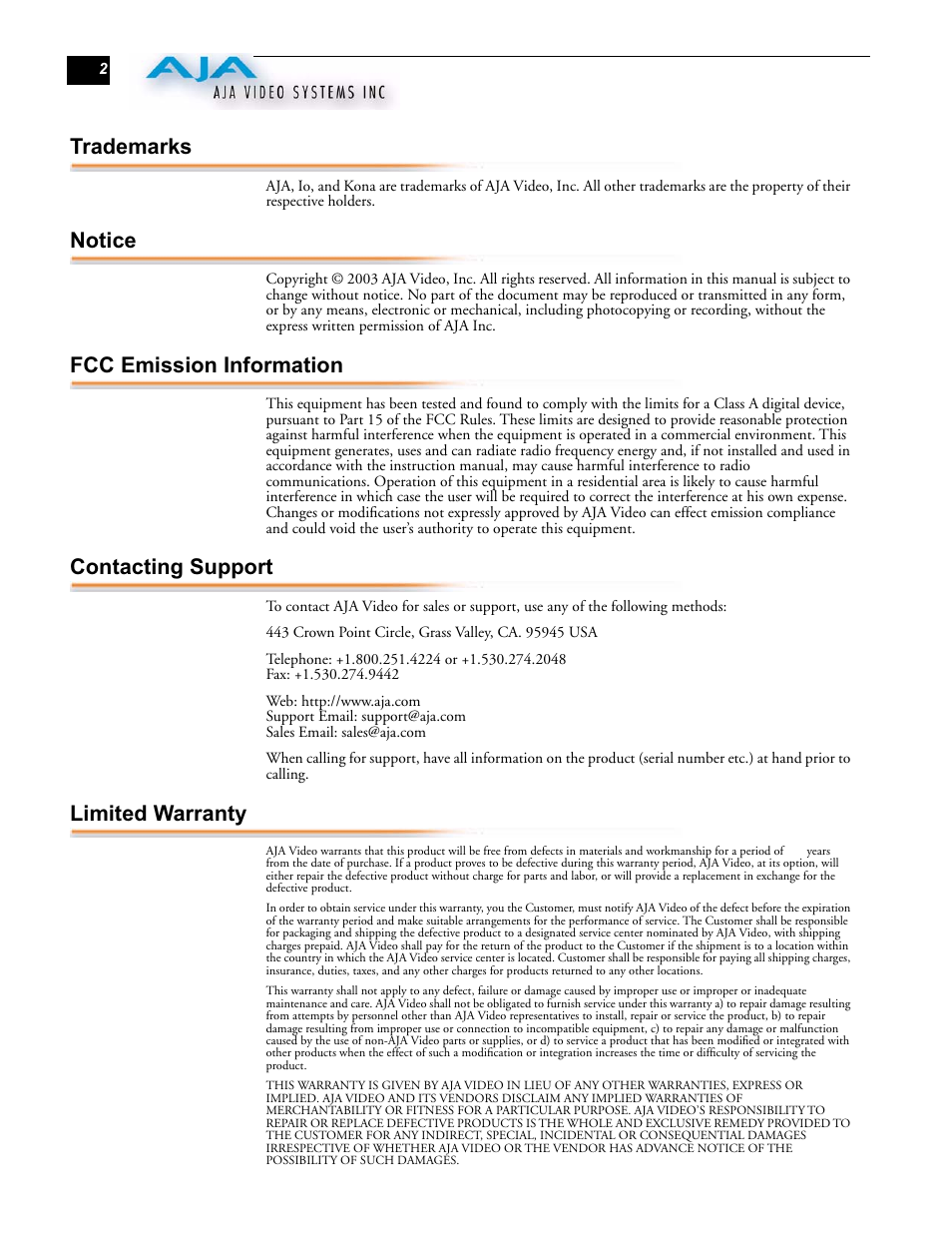 Trademarks, Notice, Fcc emission information | Contacting support, Limited warranty | AJA D4E User Manual | Page 2 / 6
