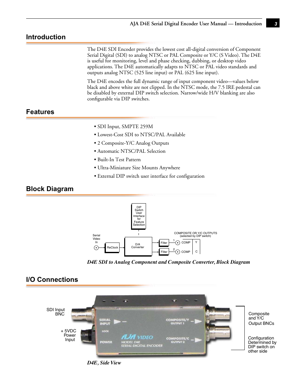 Introduction, Features, Block diagram | I/o connections | AJA D4E User Manual | Page 3 / 6