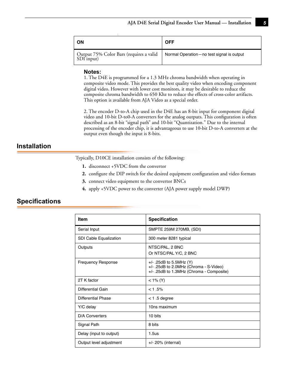 Installation, Specifications | AJA D4E User Manual | Page 5 / 6