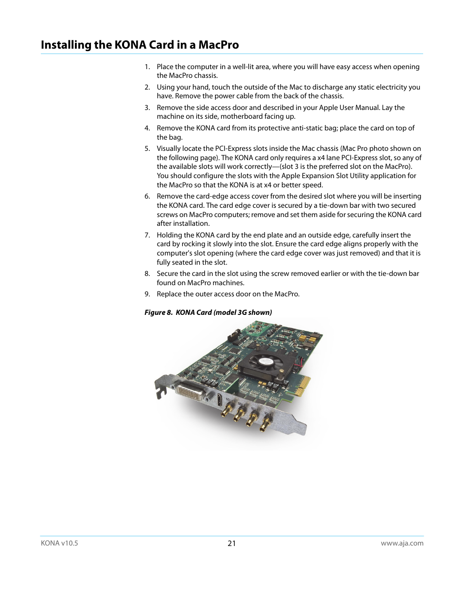 Installing the kona card in a macpro | AJA KONA LHi User Manual | Page 21 / 97