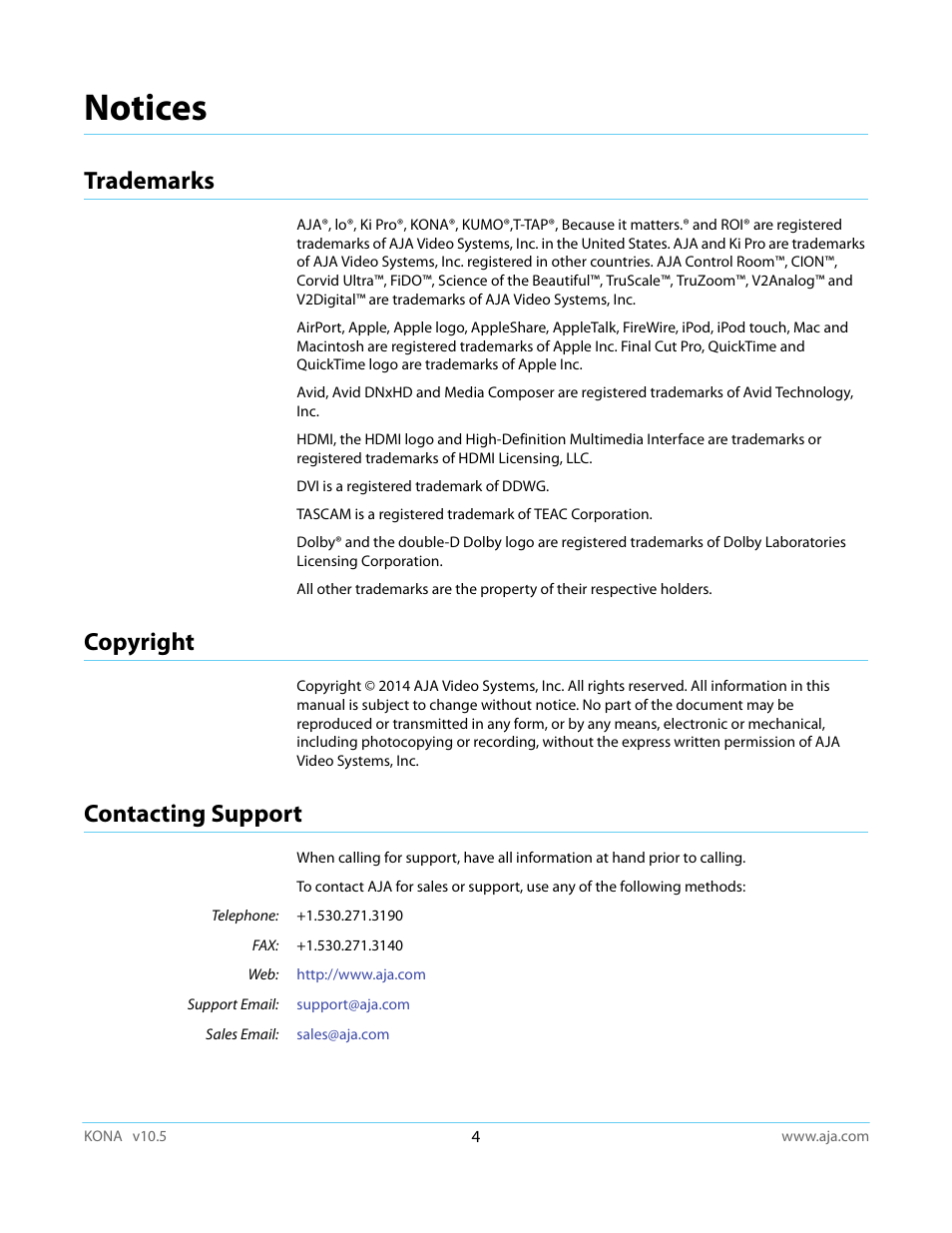 Trademarks, Copyright, Contacting support | Notices, Trademarks copyright contacting support | AJA KONA LHi User Manual | Page 4 / 97