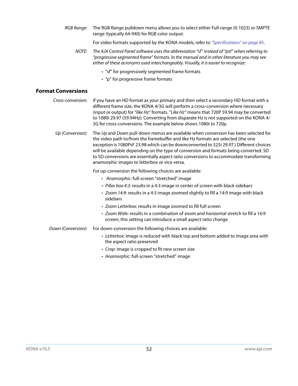 Format conversions | AJA KONA LHi User Manual | Page 52 / 97