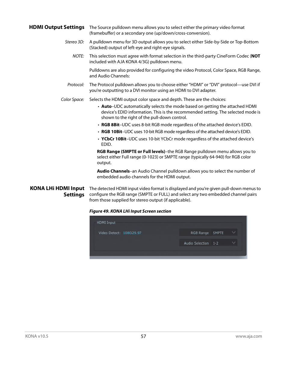 Hdmi output settings, Kona lhi hdmi input settings | AJA KONA LHi User Manual | Page 57 / 97