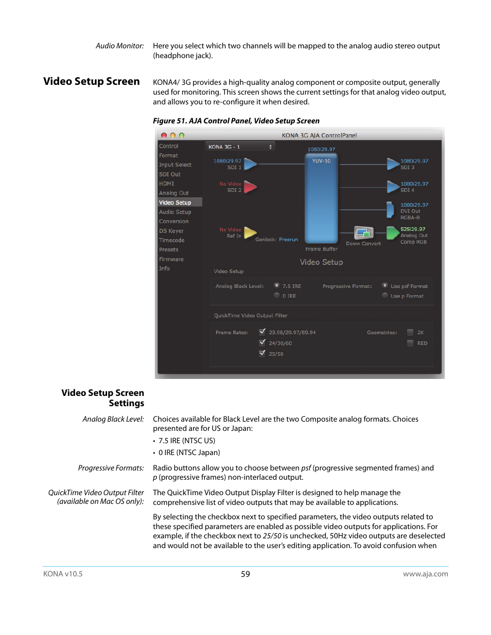 Video setup screen, Video setup screen settings | AJA KONA LHi User Manual | Page 59 / 97