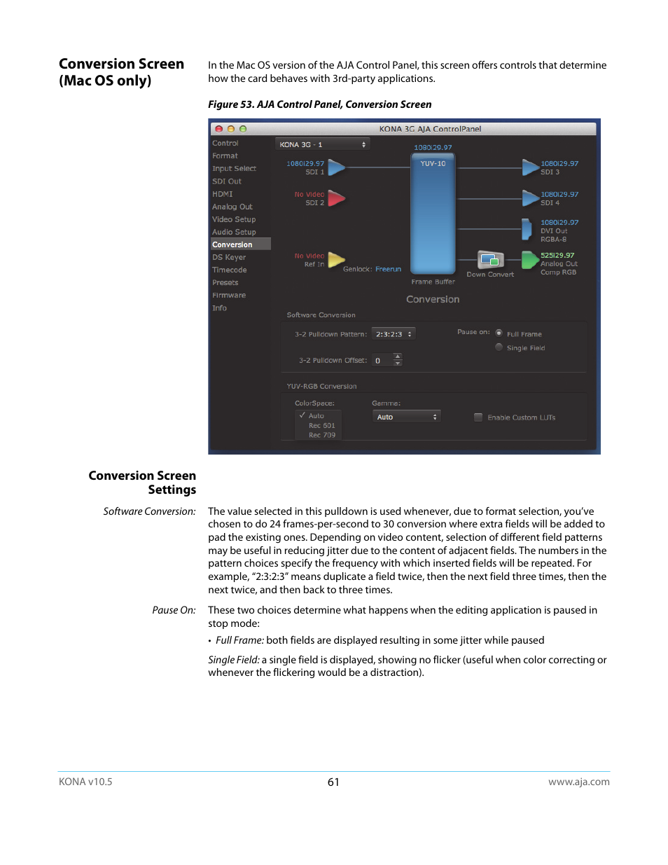 Conversion screen (mac os only), Conversion screen settings | AJA KONA LHi User Manual | Page 61 / 97