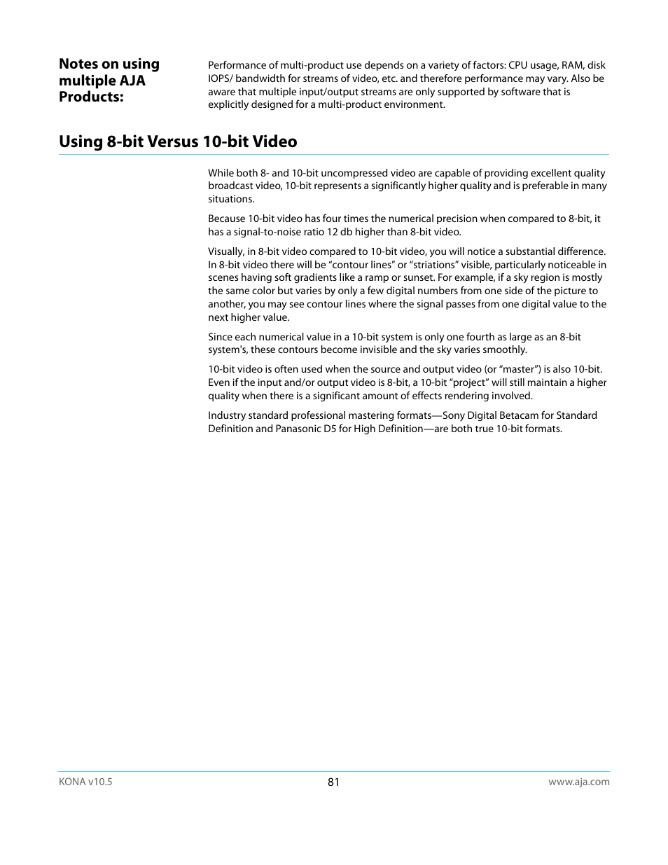 Notes on using multiple aja products, Using 8-bit versus 10-bit video | AJA KONA LHi User Manual | Page 81 / 97