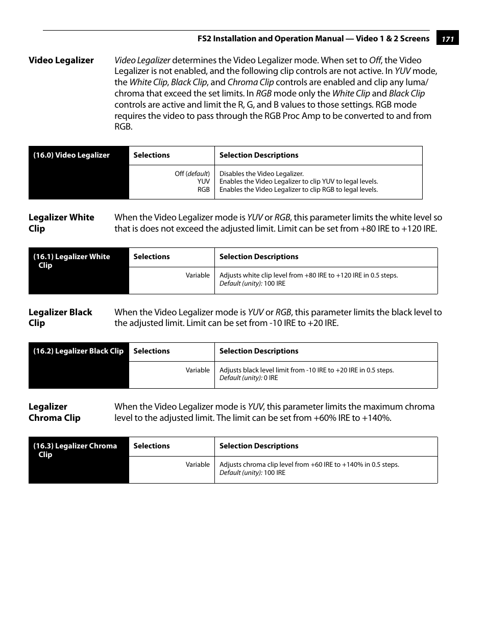 Video legalizer, Legalizer white clip, Legalizer black clip | Legalizer chroma clip | AJA FS2 User Manual | Page 169 / 230