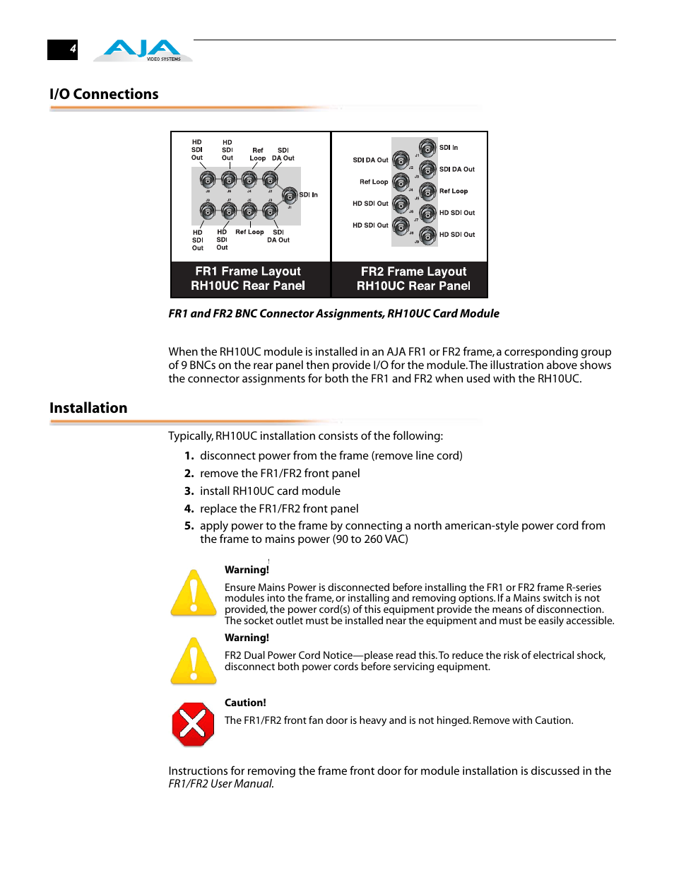 I/o connections, Installation | AJA RH10UC User Manual | Page 4 / 20