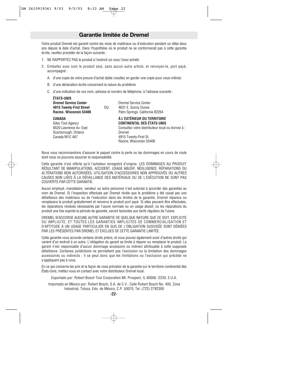 Garantie limitée de dremel | Bosch 6000 User Manual | Page 22 / 35