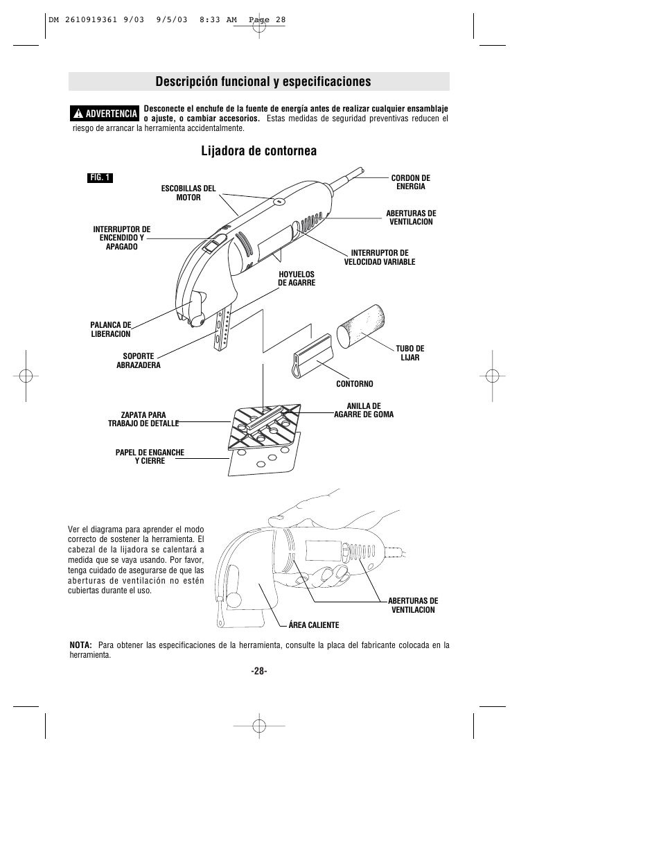 Descripción funcional y especificaciones, Lijadora de contornea | Bosch 6000 User Manual | Page 28 / 35