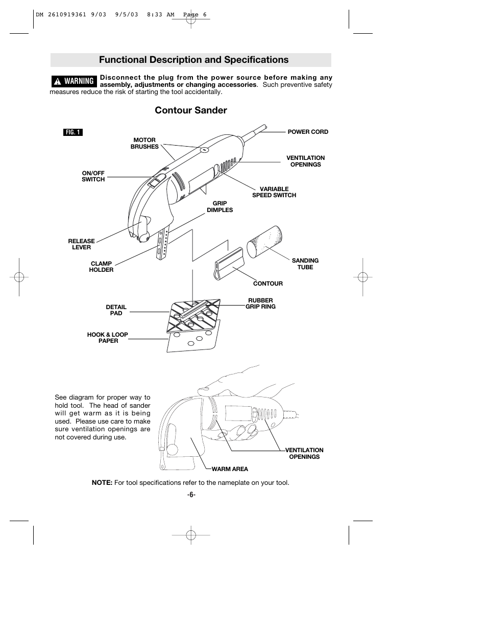 Functional description and specifications, Contour sander | Bosch 6000 User Manual | Page 6 / 35