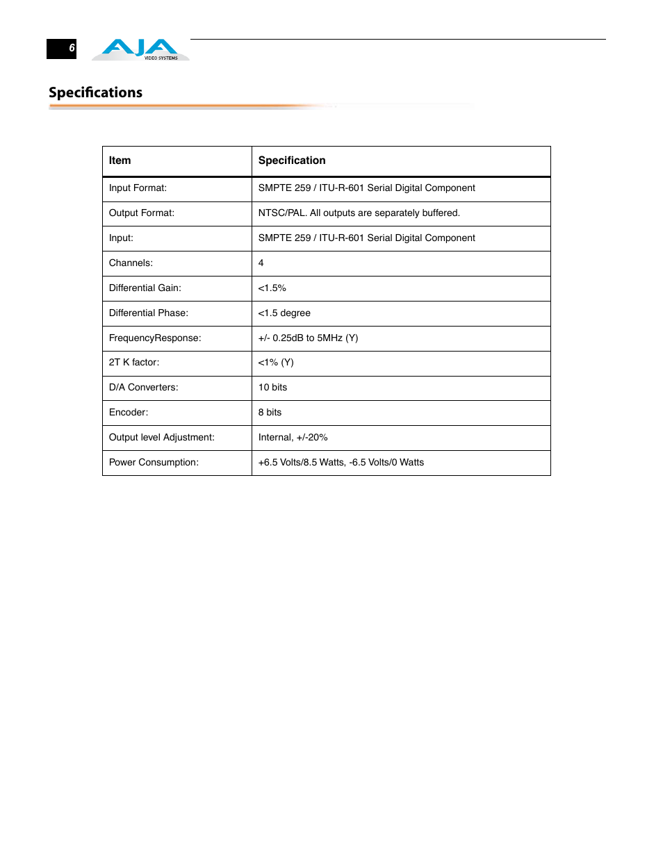 Specifications | AJA R44E User Manual | Page 6 / 14