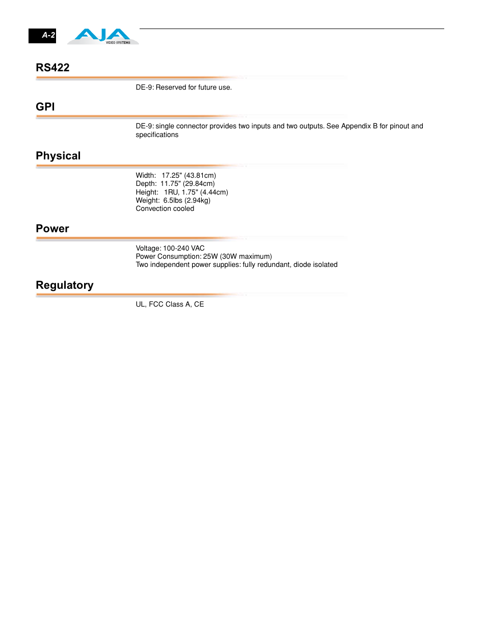 Rs422, Physical, Power | Regulatory | AJA FS1 User Manual | Page 102 / 106