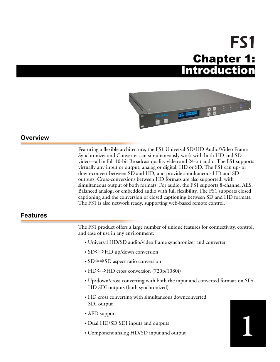 Chapter 1: introduction overview features, Chapter 1: introduction | AJA FS1 User Manual | Page 9 / 106