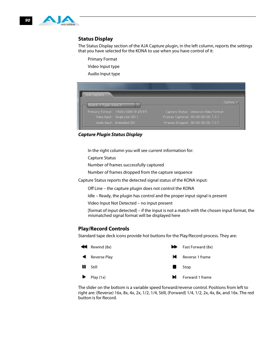 Status display play/record controls | AJA KONA 5.0 User Manual | Page 100 / 128
