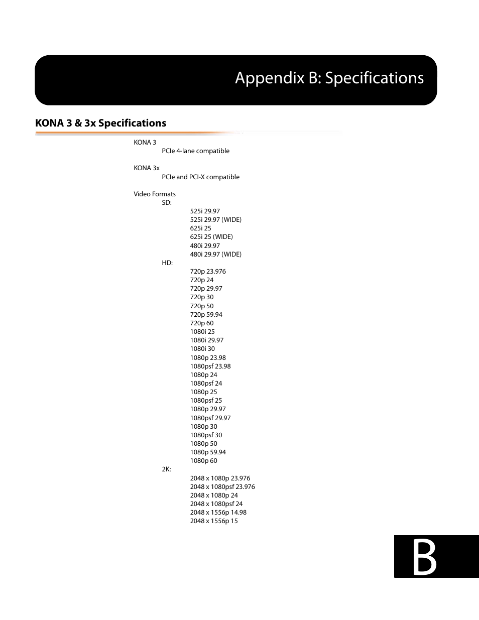 Kona 3 & 3x specifications, Appendix b: specifications | AJA KONA 5.0 User Manual | Page 123 / 128