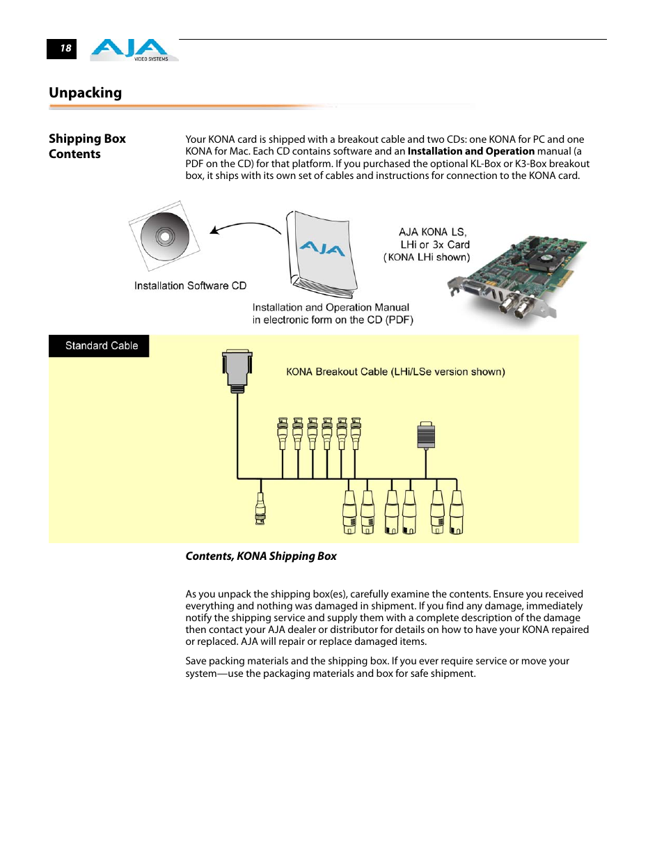 Unpacking, Shipping box contents | AJA KONA 5.0 User Manual | Page 28 / 128