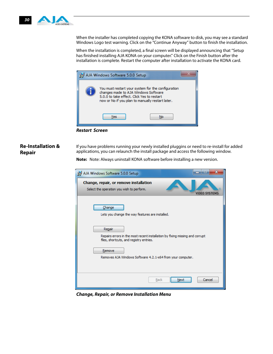 Re-installation & repair | AJA KONA 5.0 User Manual | Page 40 / 128