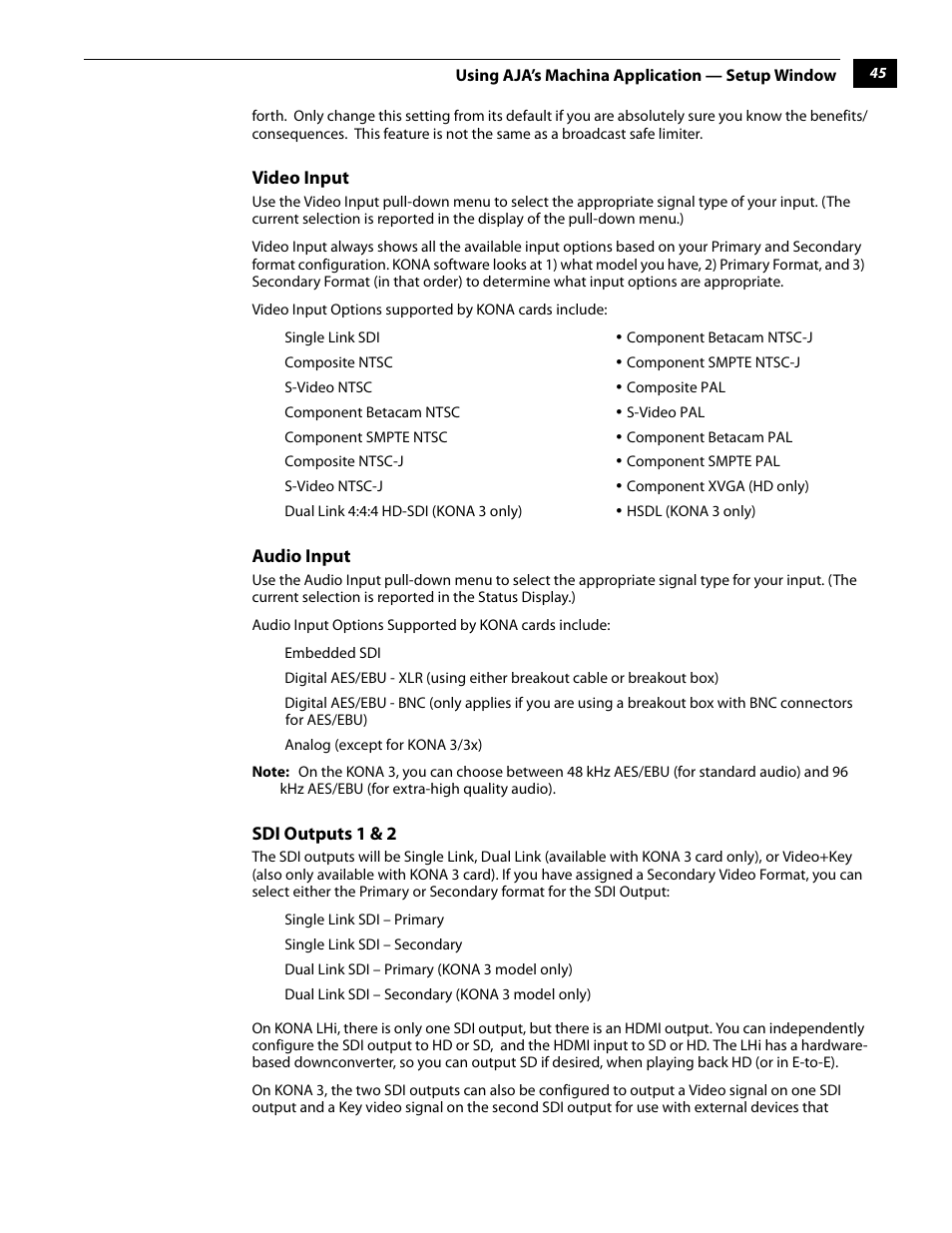 Video input audio input sdi outputs 1 & 2 | AJA KONA 5.0 User Manual | Page 55 / 128