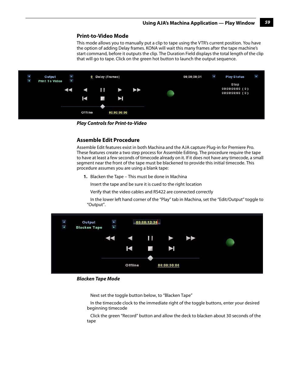 Print-to-video mode assemble edit procedure | AJA KONA 5.0 User Manual | Page 69 / 128