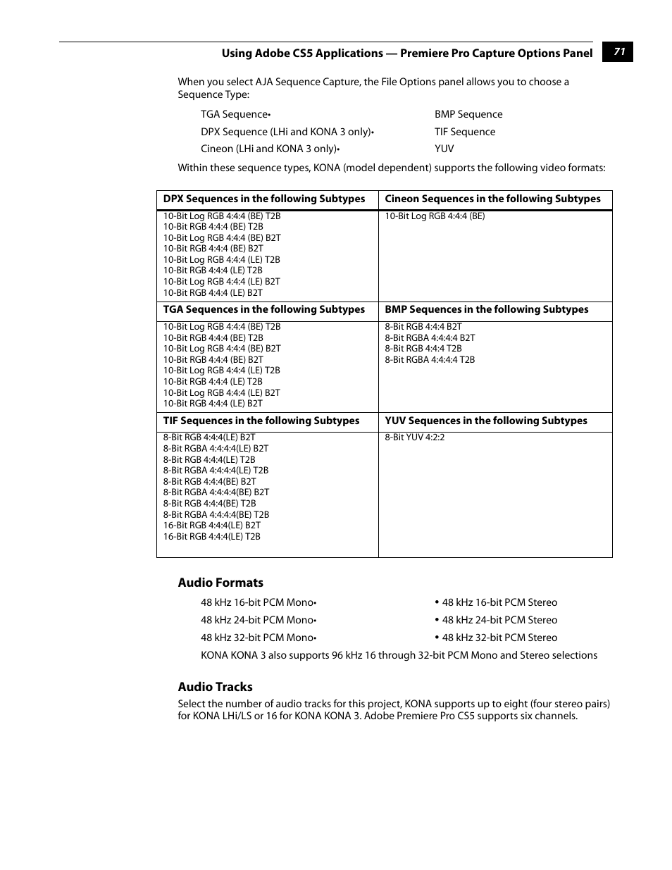 Audio formats audio tracks | AJA KONA 5.0 User Manual | Page 81 / 128